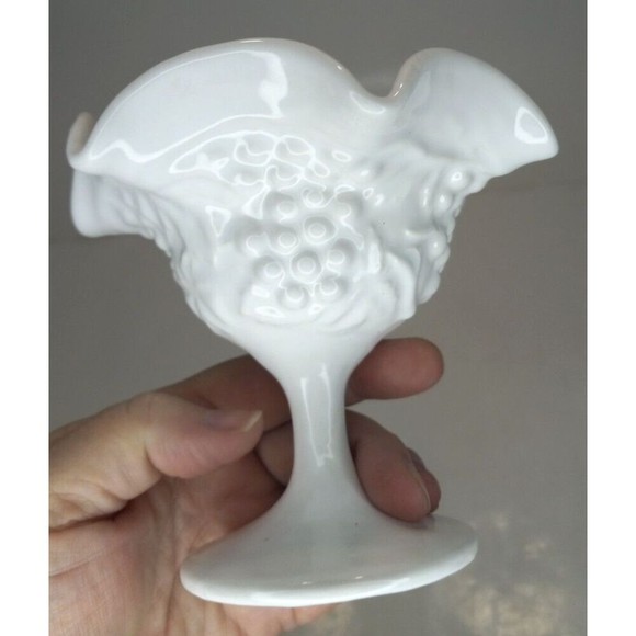 Indiana Milk Glass Ruffled Grape and Leaves Small Compote Sundae Dish 4.5 Tall - Picture 2 of 7